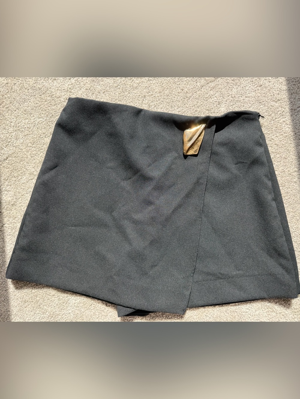 ZARA Black Wrap-Front Skort with Gold Buckle & Side Zipper — Size M